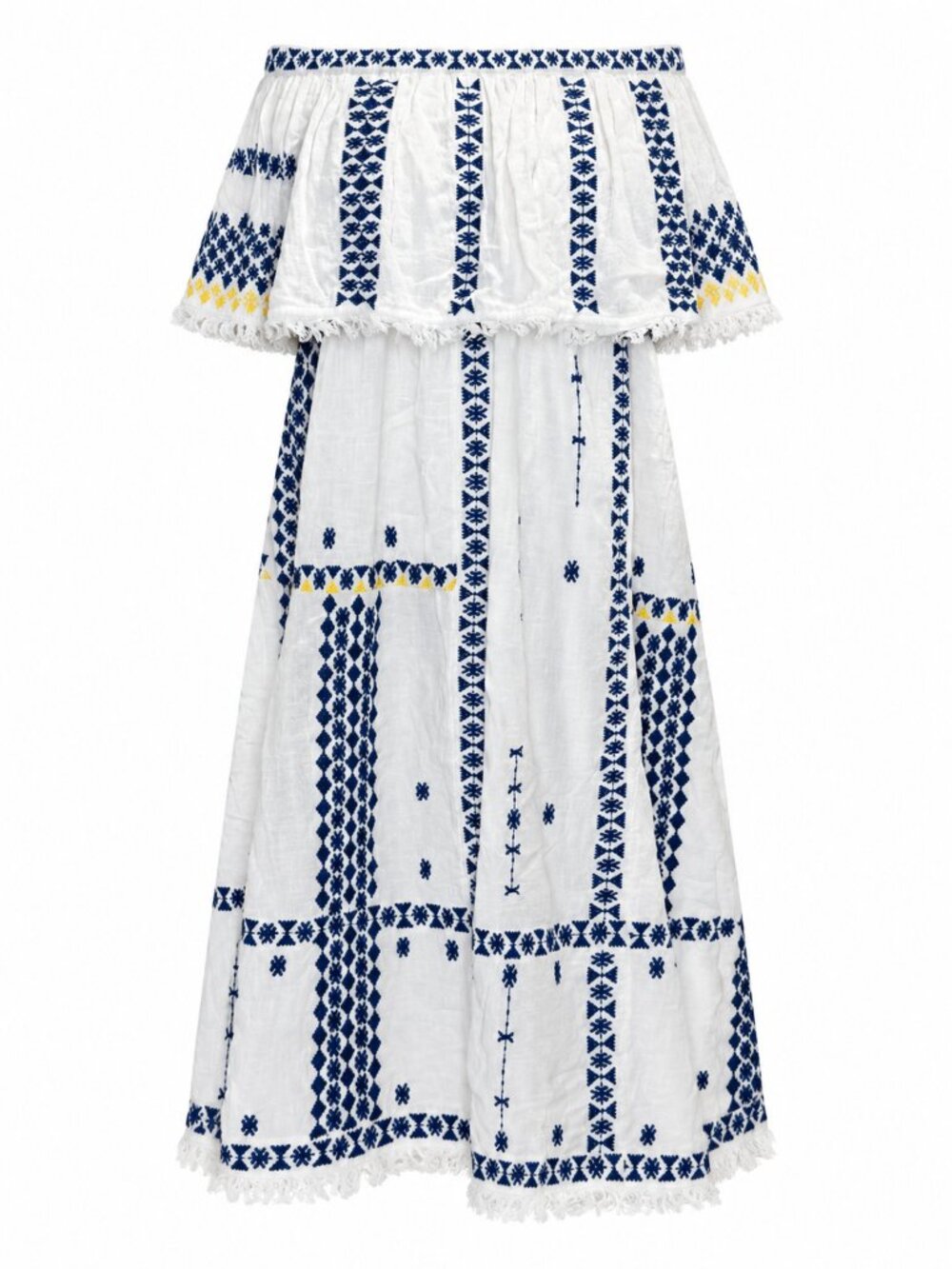 Free People Blue White Embroidered Off Shoulder Ruffle Midi Dress S